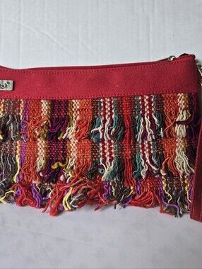Inka's Boho Woven Fringe Wristlet Pouch Red Multicolor Shag Textile Clutch